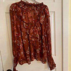 ELOQUII Elements Plus Rust Orange Floral Blouse Long Sleeve